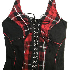 TRIPP GOTHIC LACE UP VEST RED BLK PLAID SZ 8 #A47